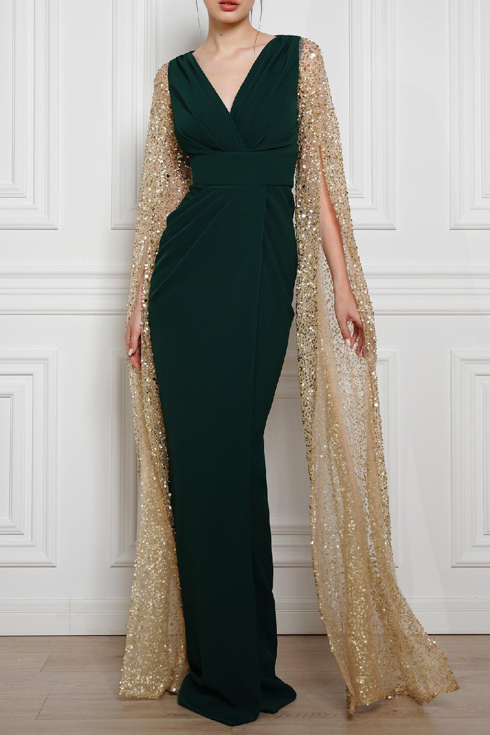 rhea costa Noemy Cape-Effect Embroidery Dress In Gold-Dark-Green