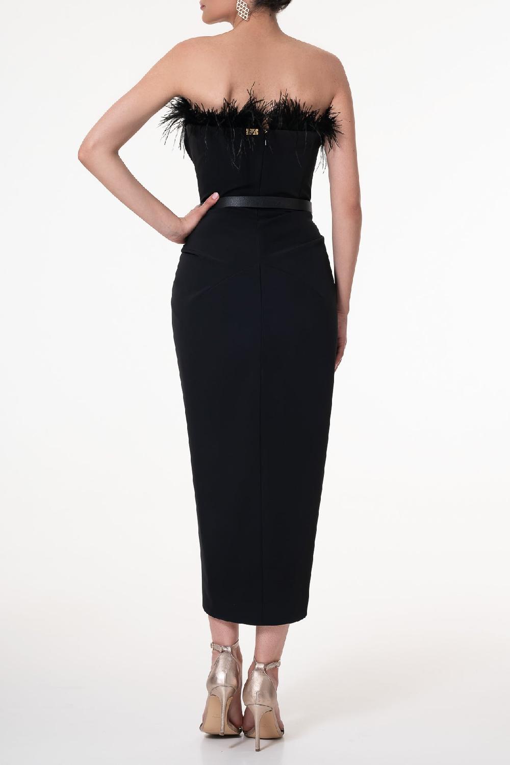 Rhea Costa Raisa Feather-Trimmed Midi Crepe Dress In Black