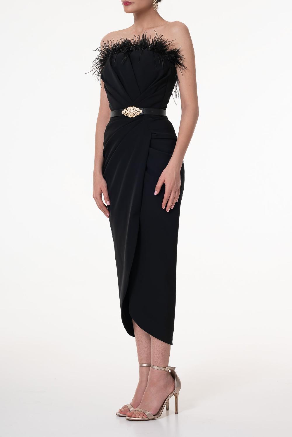 Rhea Costa Raisa Feather-Trimmed Midi Crepe Dress In Black