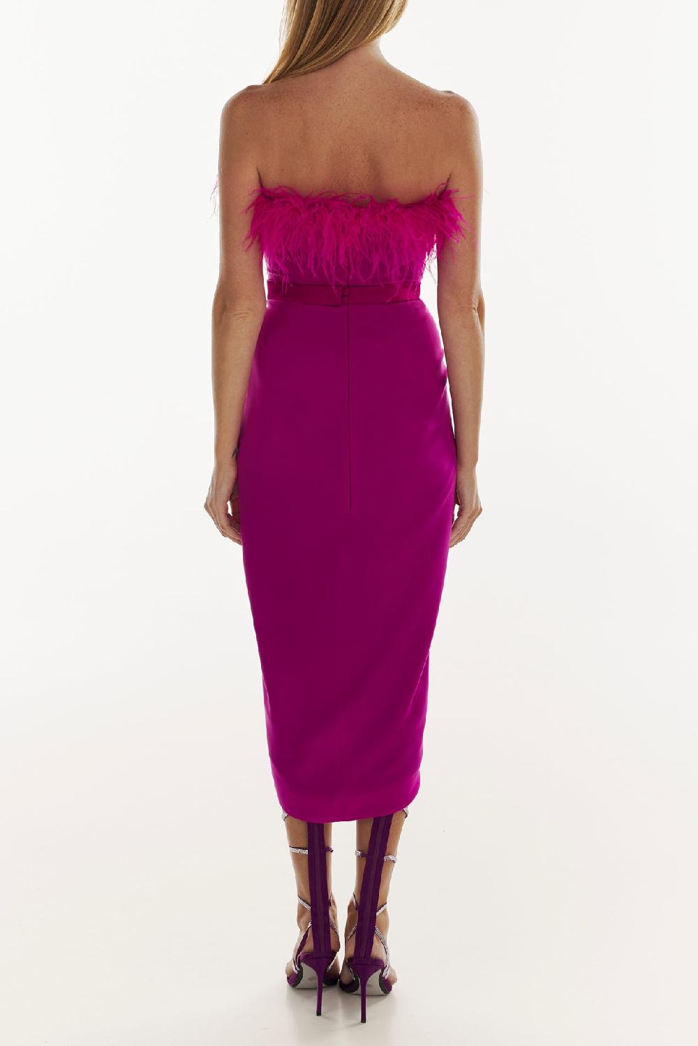 Rhea Costa Raisa Feather-Trimmed Midi Crepe Dress In Hot-Pink