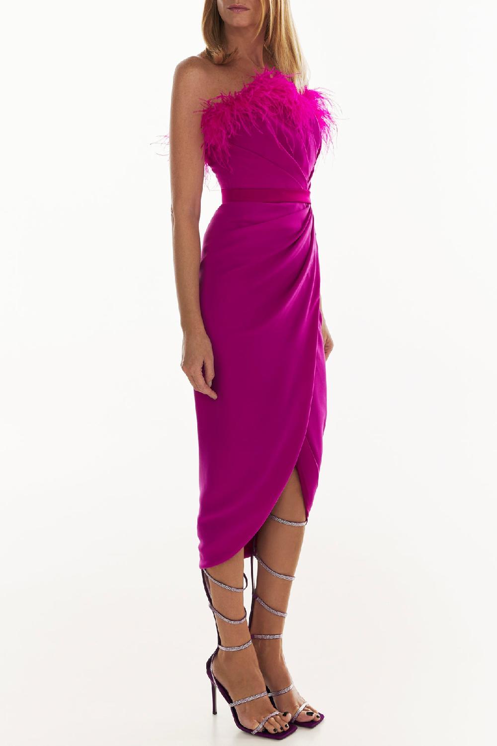 Rhea Costa Raisa Feather-Trimmed Midi Crepe Dress In Hot-Pink