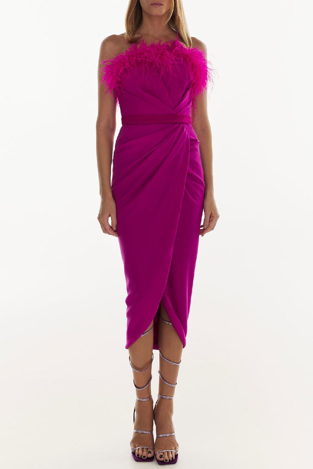 rhea costa Raisa Feather-Trimmed Midi Crepe Dress In Hot-Pink