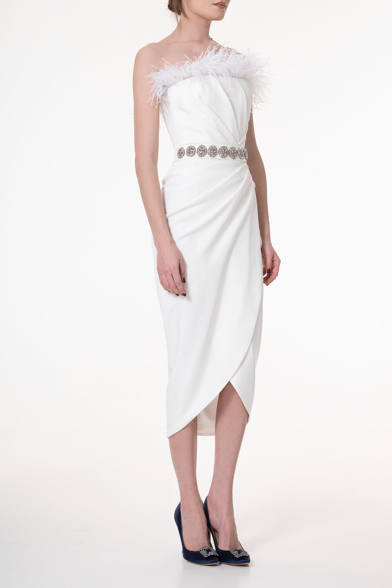 Rhea Costa Raisa Feather-Trimmed Midi Crepe Dress In Ivory