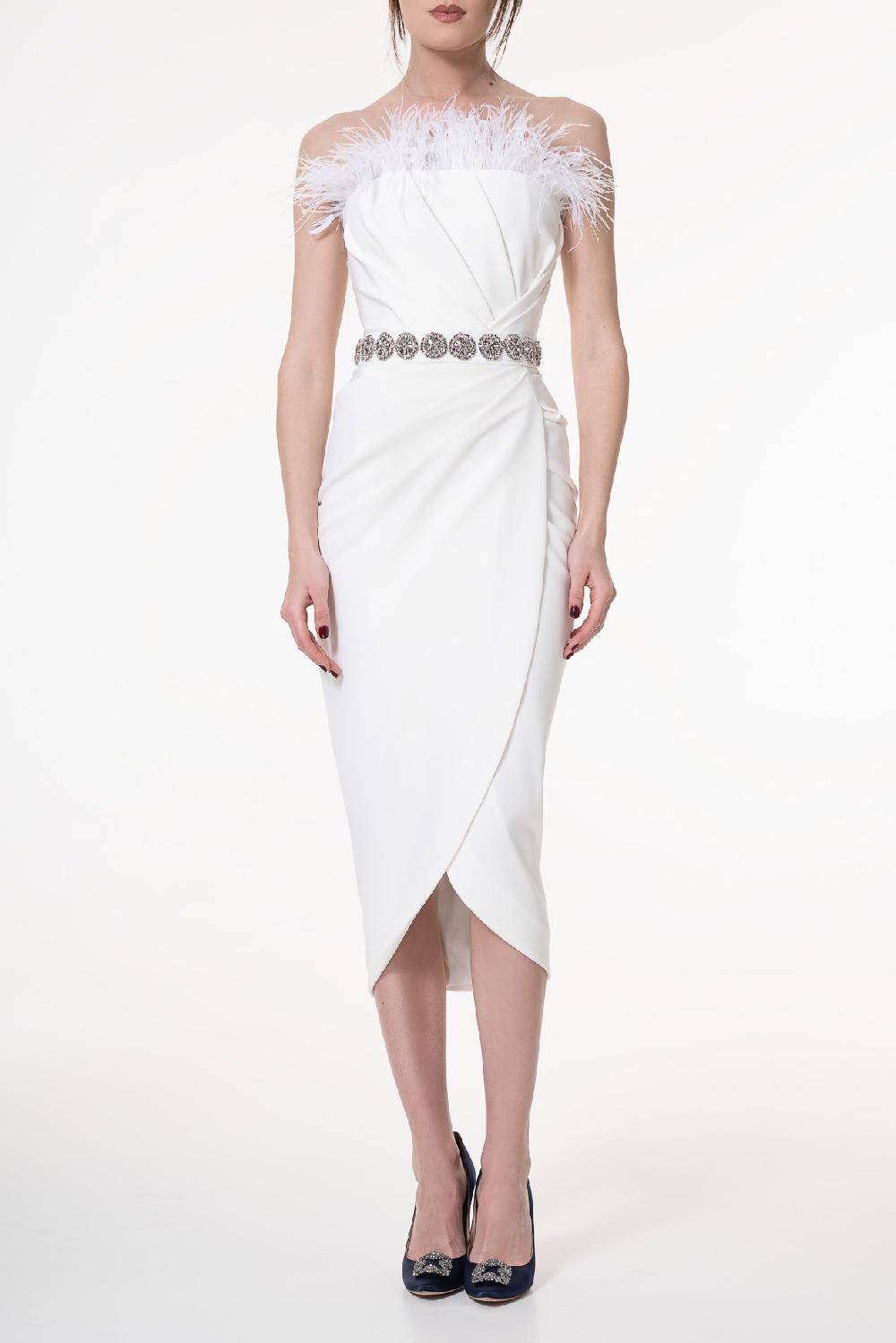 rhea costa Raisa Feather-Trimmed Midi Crepe Dress In Ivory