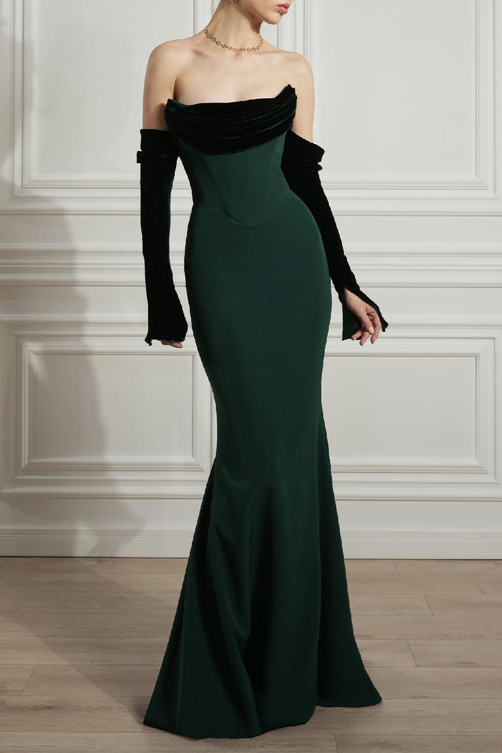 rhea costa Raven Crepe and Velvet Dress in Dark-Green