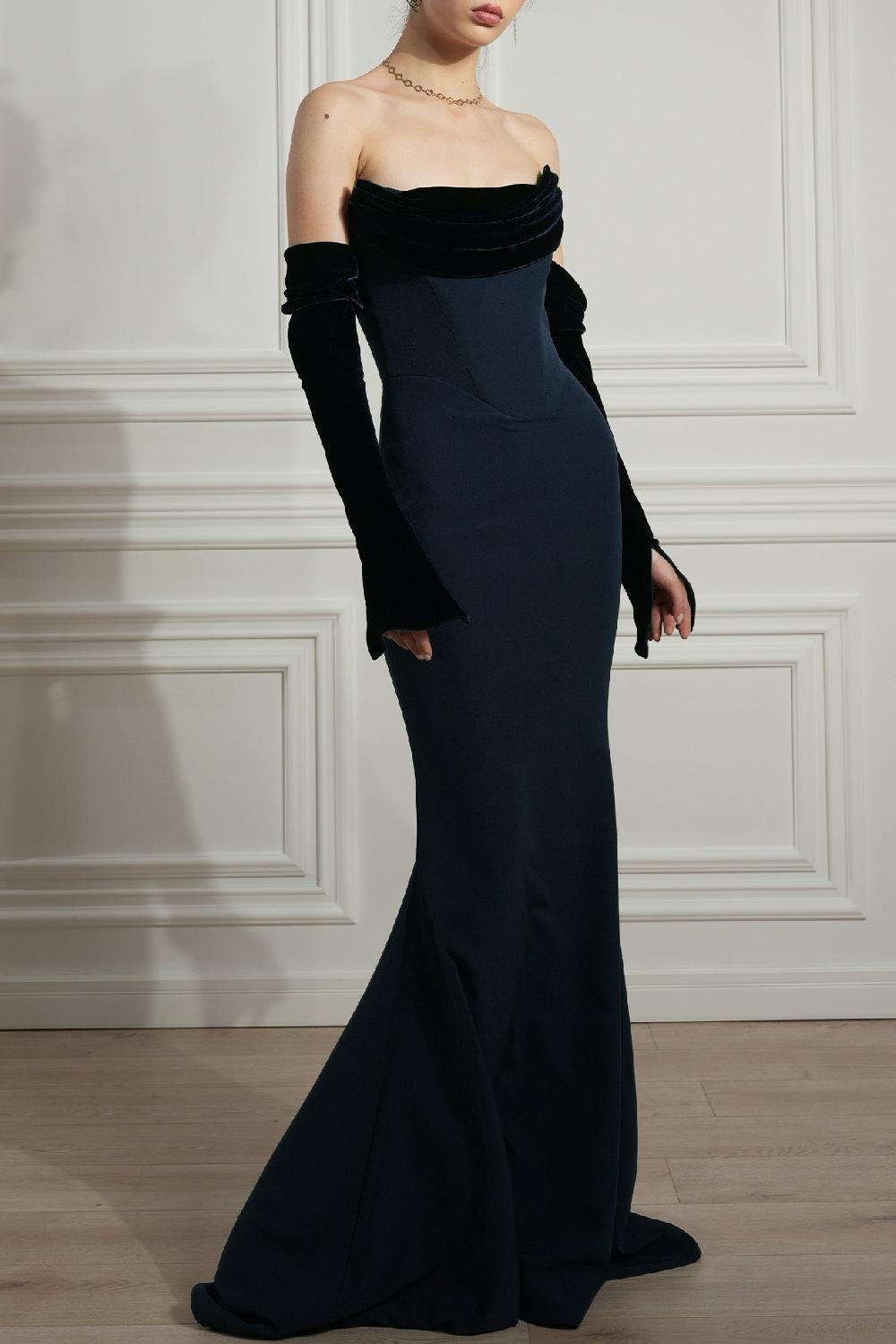 rhea costa Raven Crepe and Velvet Dress in Midnight-Blue