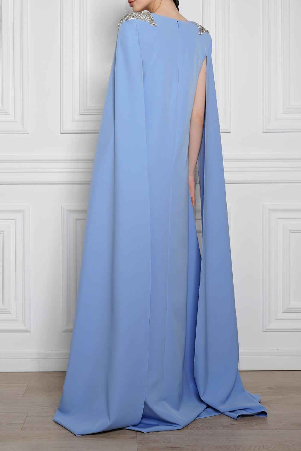 Rhea Costa Revy Crystal-Embroidered Cape Crepe Dress In Blue Ciel