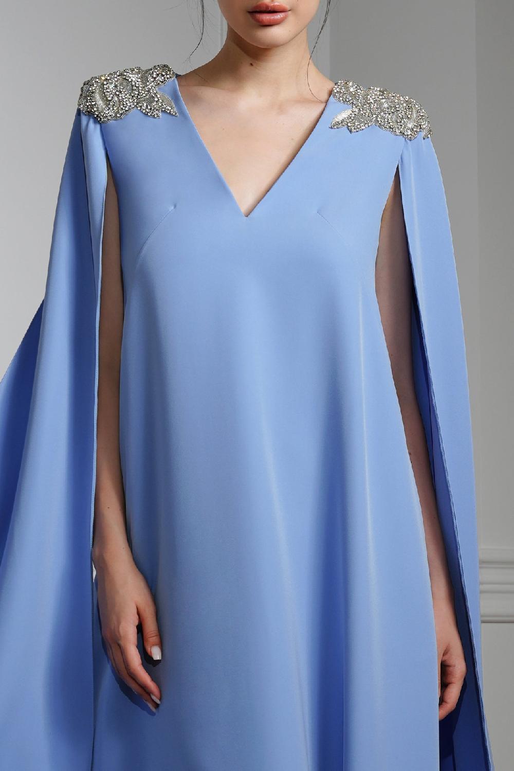 Rhea Costa Revy Crystal-Embroidered Cape Crepe Dress In Blue Ciel