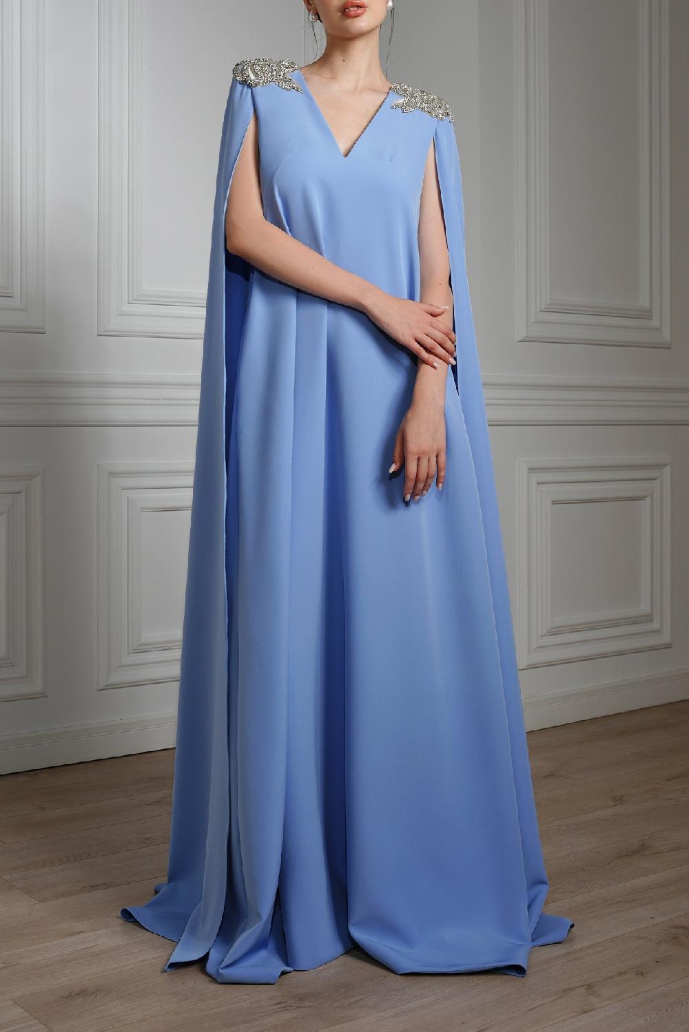 rhea costa Revy Crystal-Embroidered Cape Crepe Dress In Blue Ciel