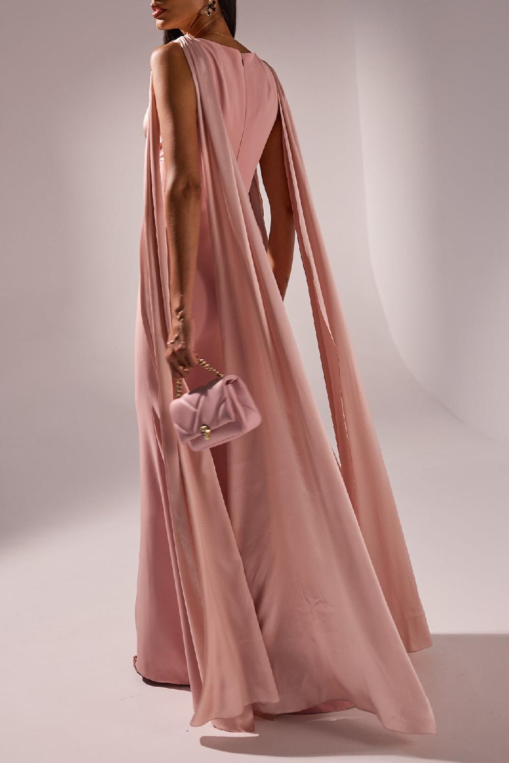 Rhea Costa Aiman Silk Cape Long Dress In Blush