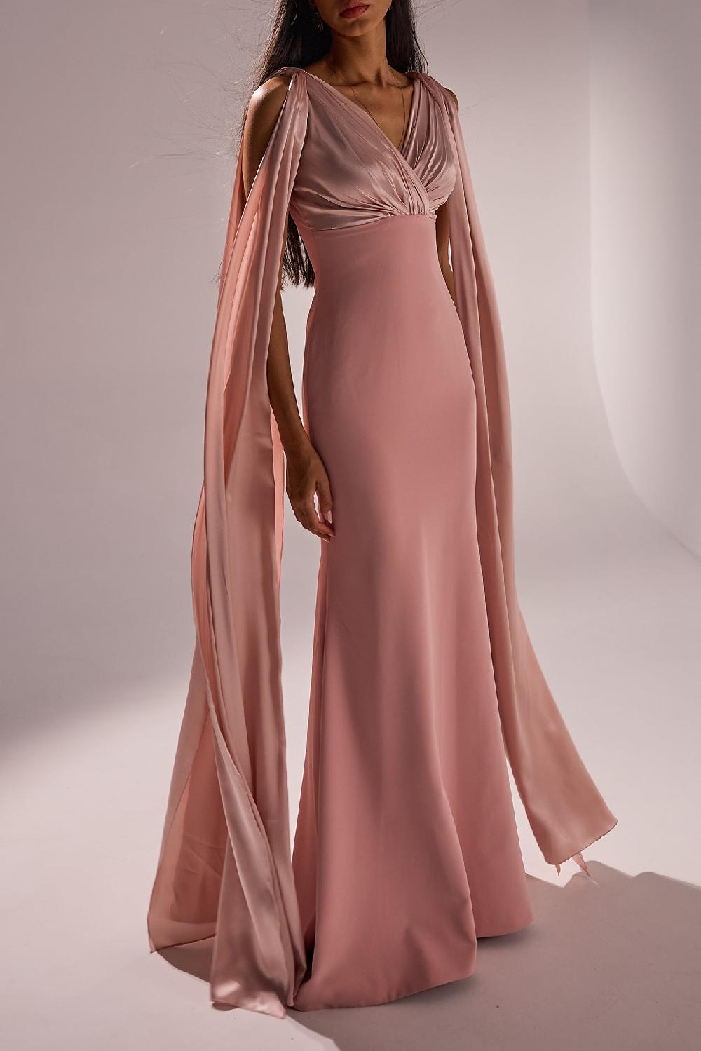 Rhea Costa Aiman Silk Cape Long Dress In Blush