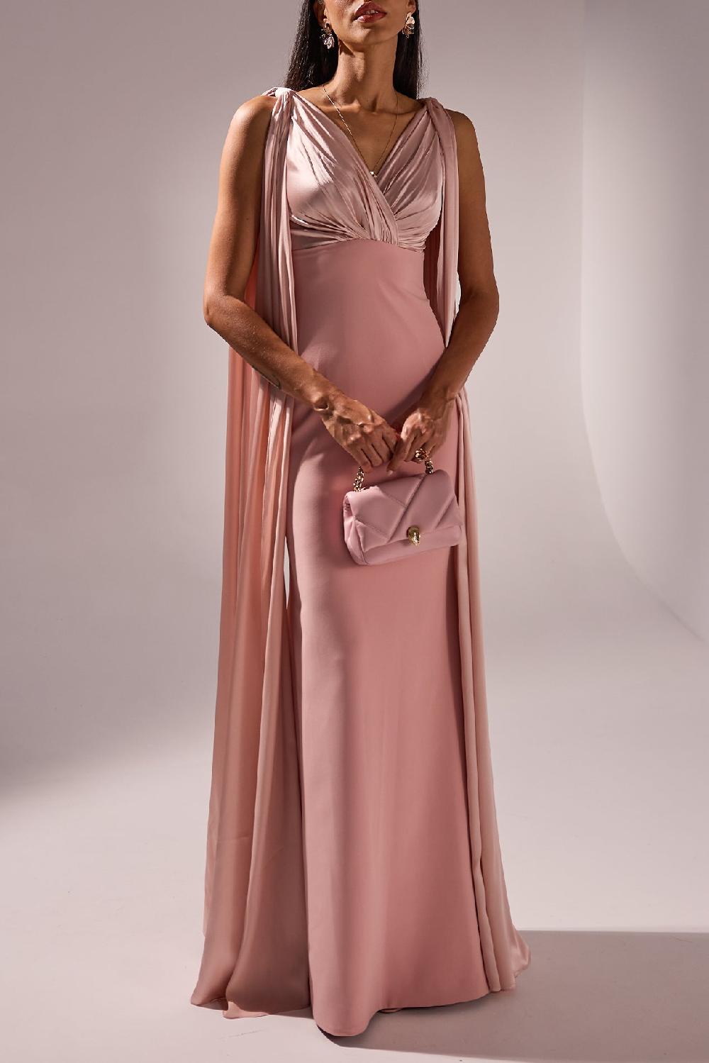 rhea costa Aiman Silk Cape Long Dress In Blush