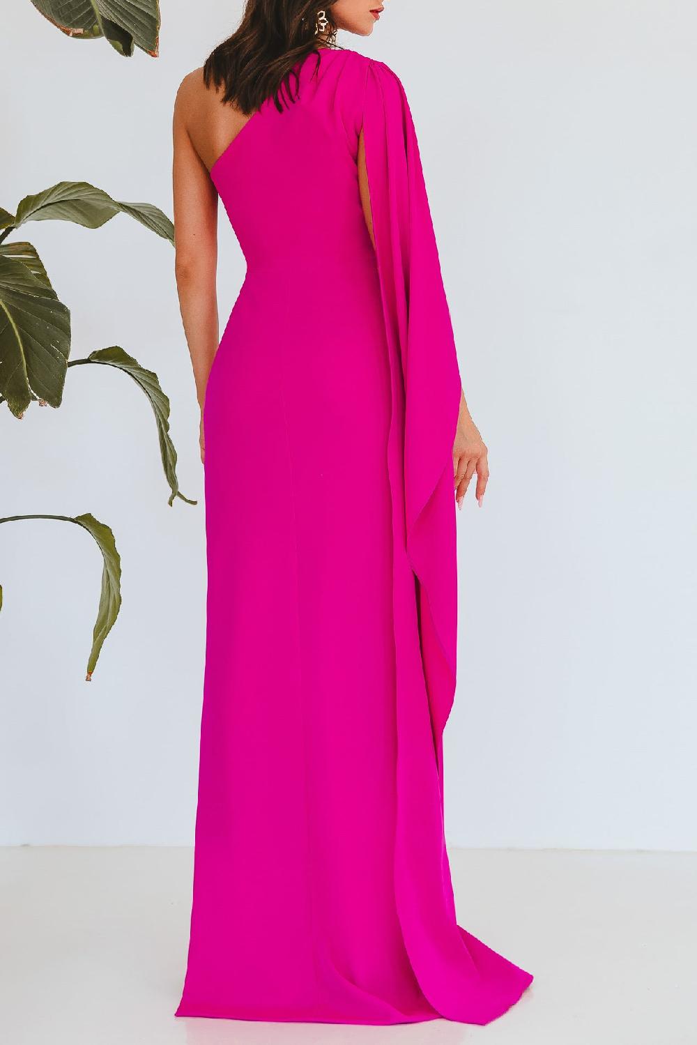 Rhea Costa Alba Crepe Long In Dress In Hot-Pink