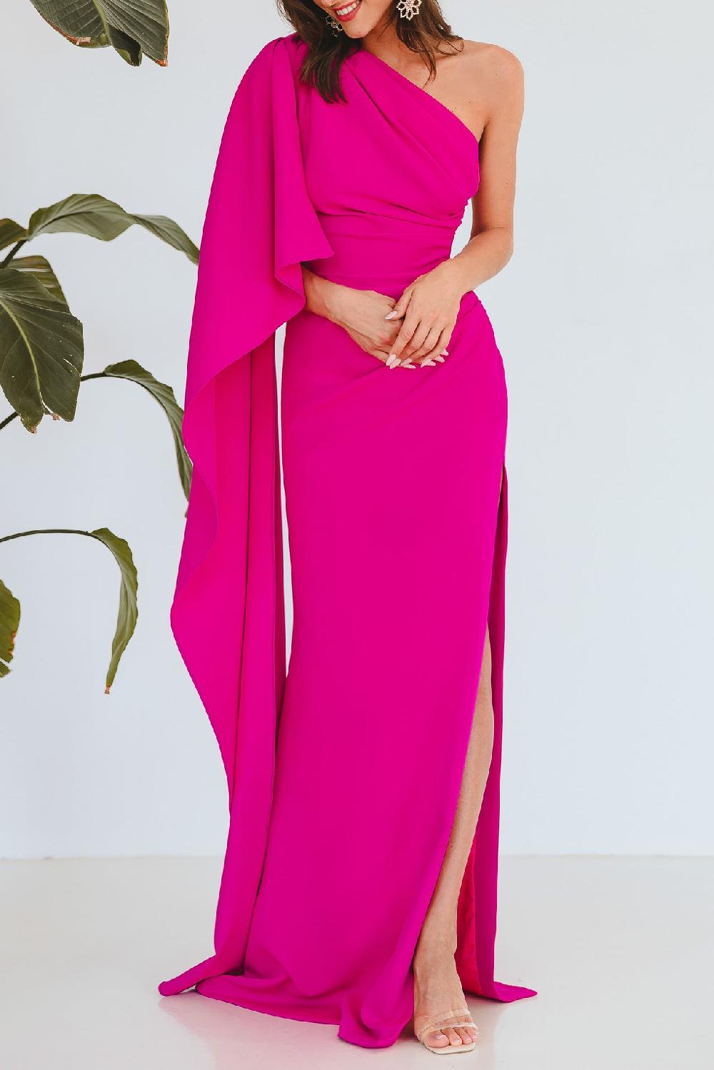 Rhea Costa Alba Crepe Long In Dress In Hot-Pink