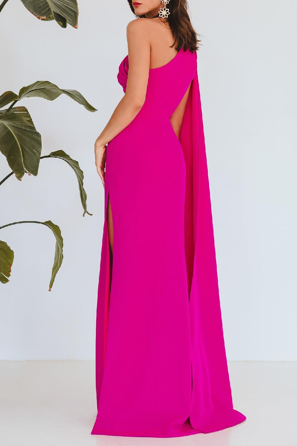 Rhea Costa Alba Crepe Long In Dress In Hot-Pink
