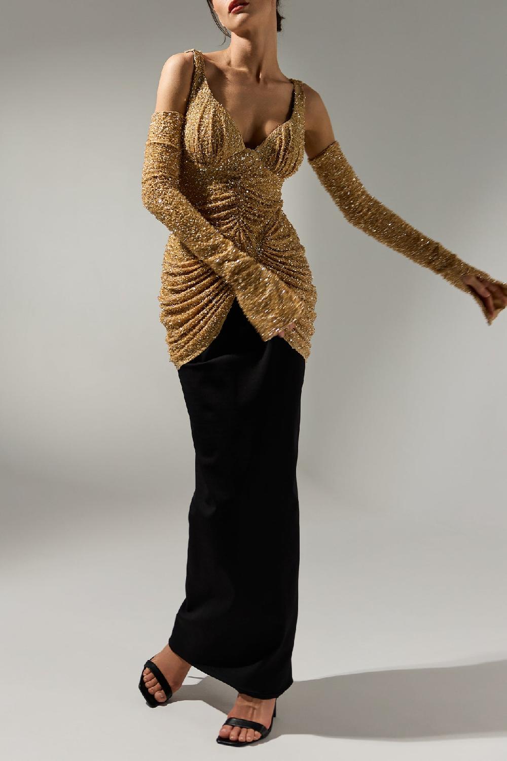 rhea costa Alisa Dress In Gold-Black