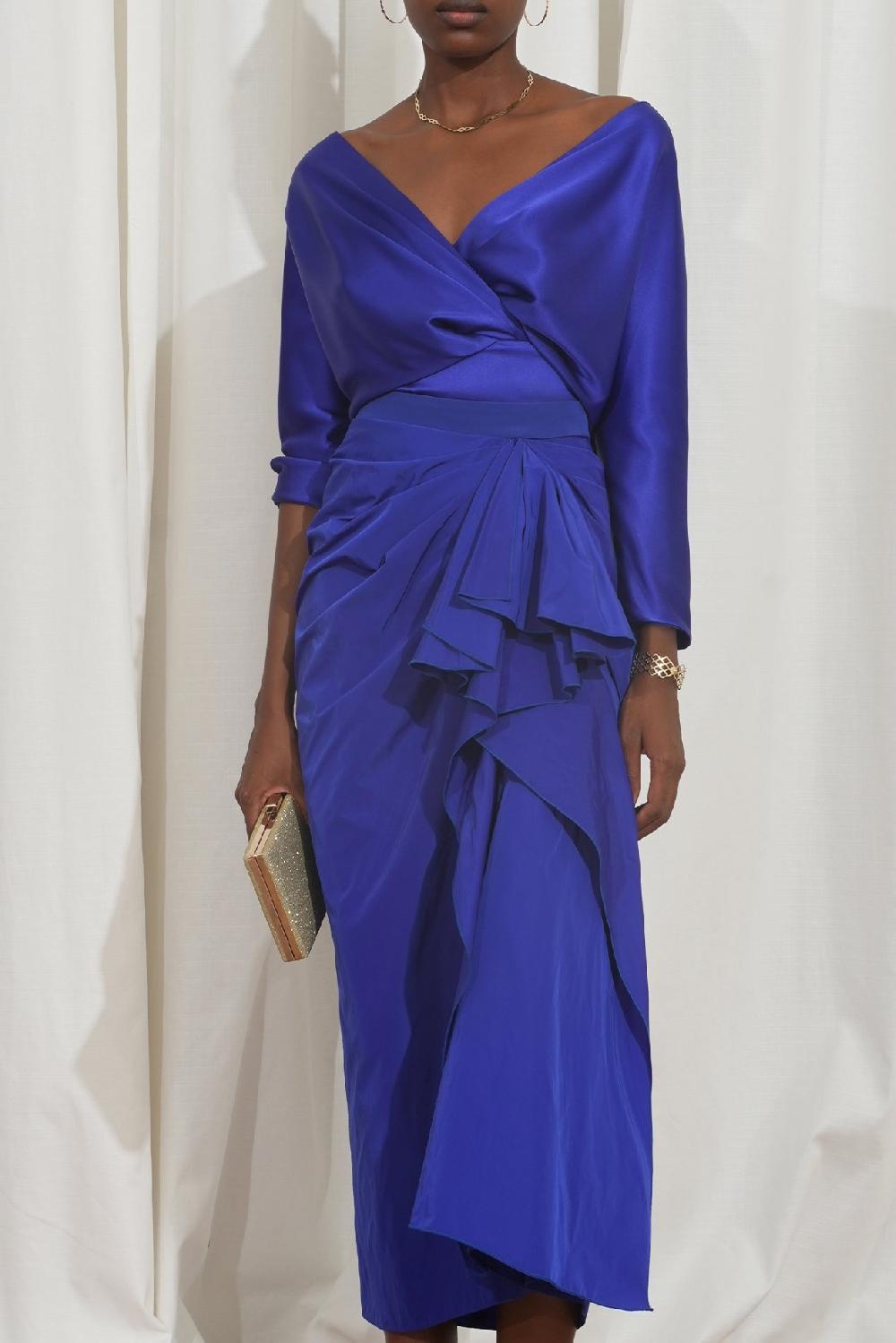 Rhea Costa Allure Taffeta Midi Skirt In Royal-Blue