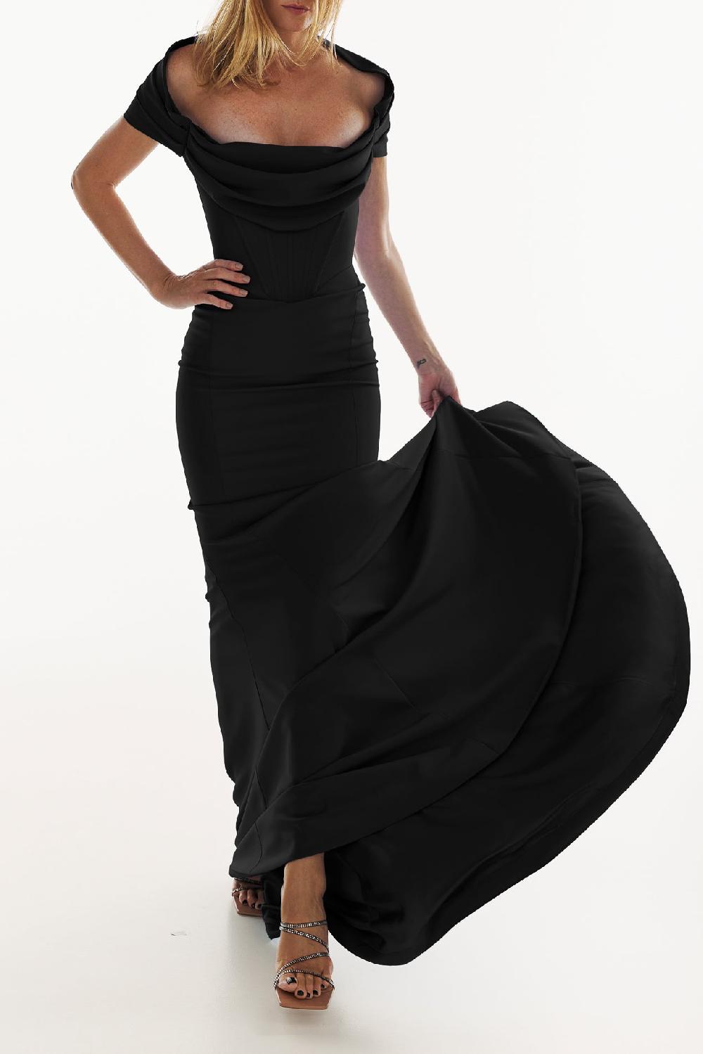 Rhea Costa Alma Crepe Long Dress In Black