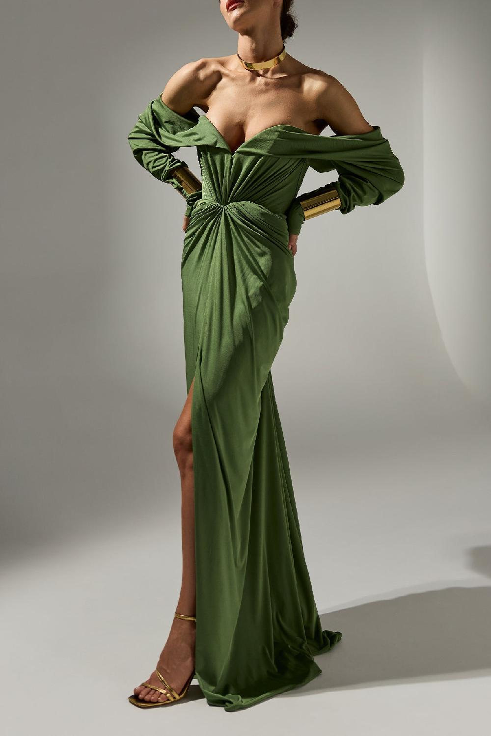 rhea costa Ammuri Jersey Long Dress In Olive