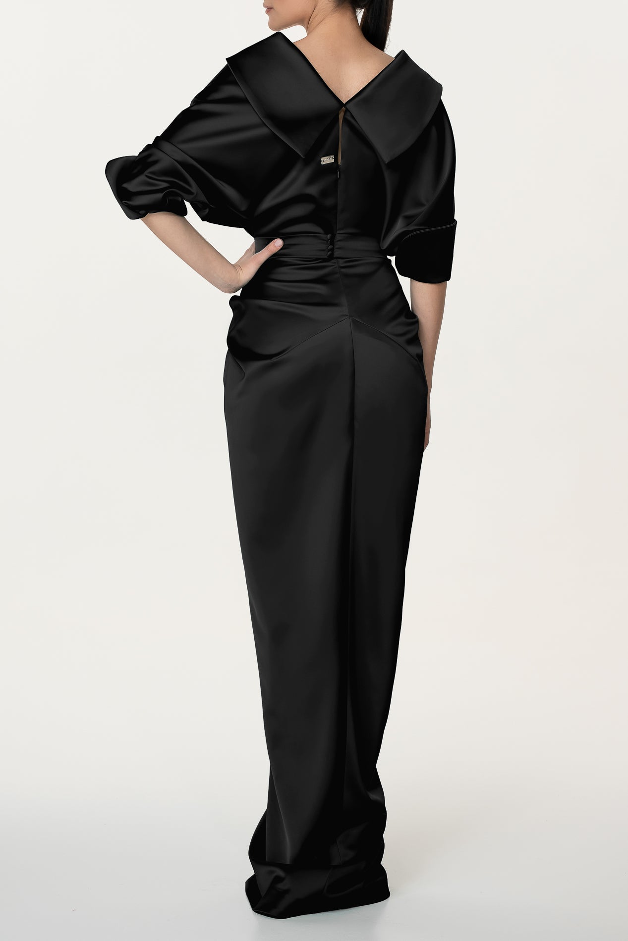 Rhea Costa Angelina Satin Long Dress In Black