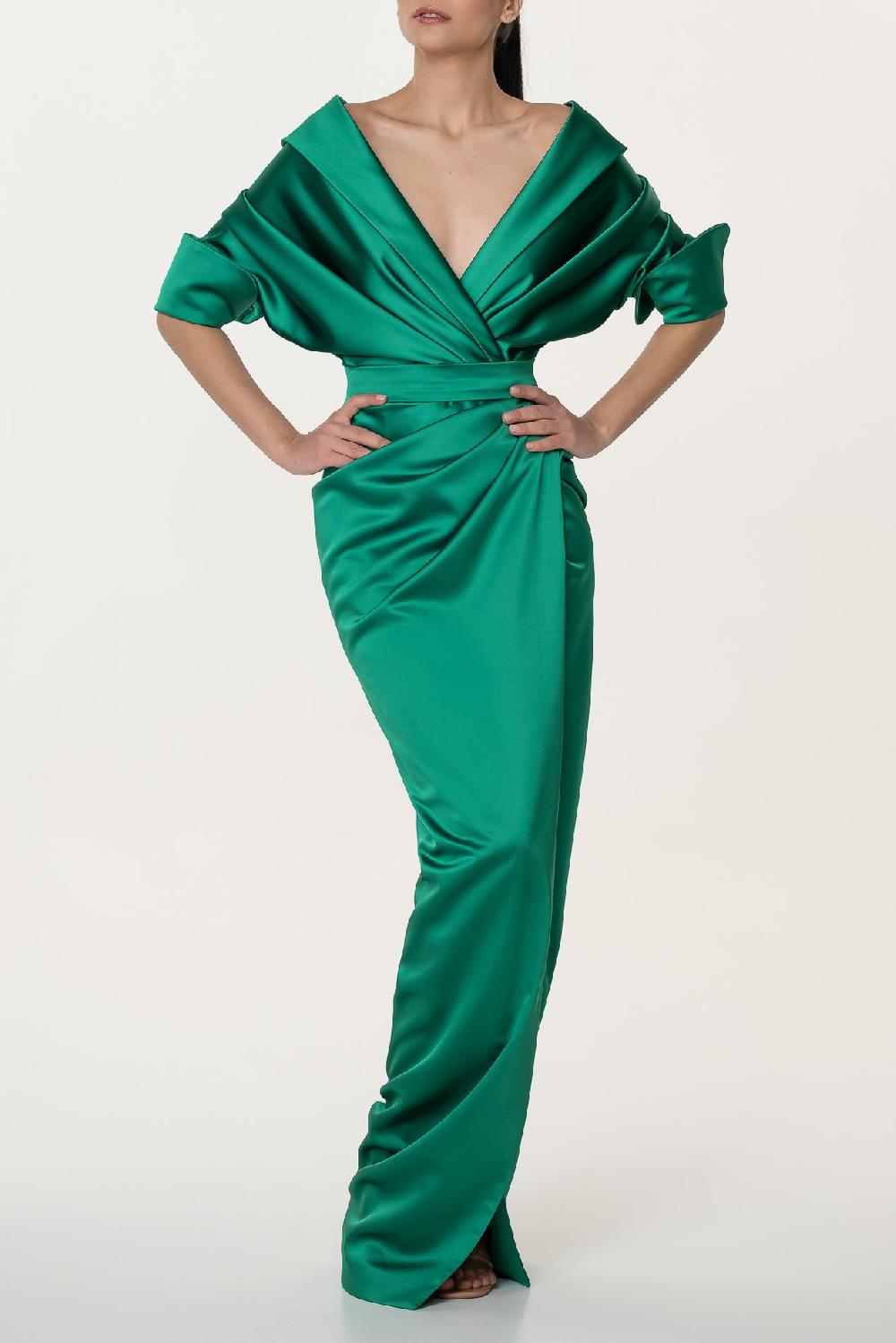 rhea costa Angelina Satin Long Dress In Emerald