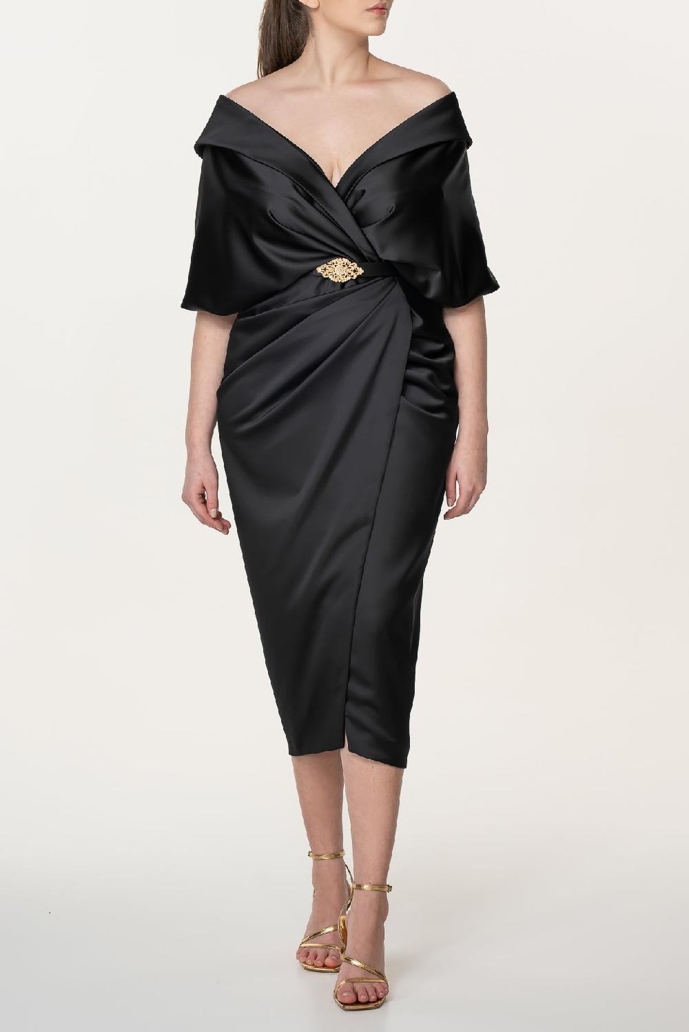 rhea costa Angelina Satin Midi Dress in Black