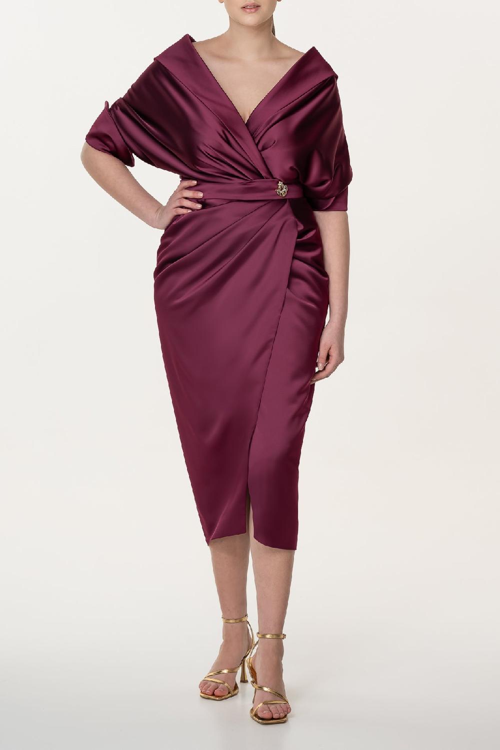 rhea costa Angelina Satin Midi Dress in Burgundy