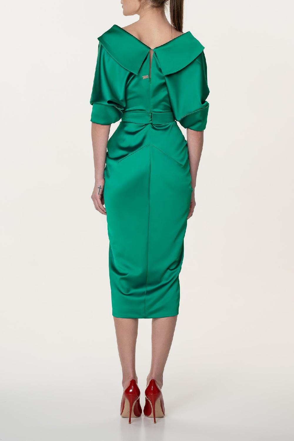 Rhea Costa Angelina Satin Midi Dress In Emerald