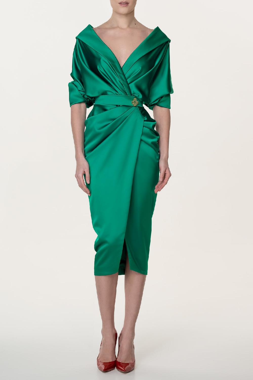 rhea costa Angelina Satin Midi Dress in Emerald