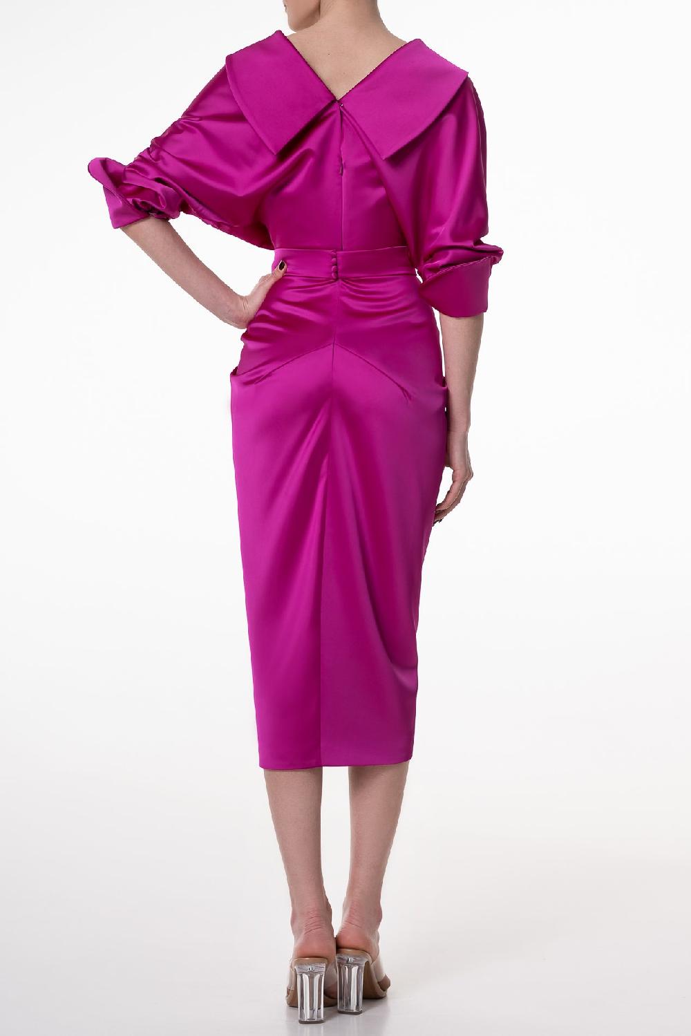 Rhea Costa Angelina Satin Midi Dress In Fuchsia