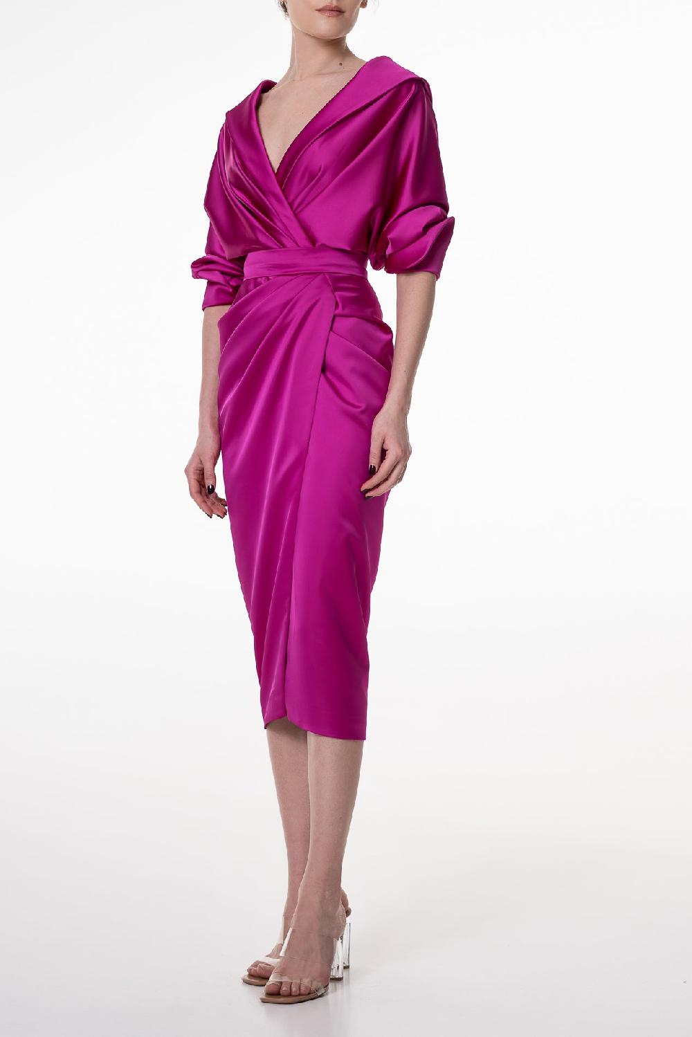 Rhea Costa Angelina Satin Midi Dress In Fuchsia