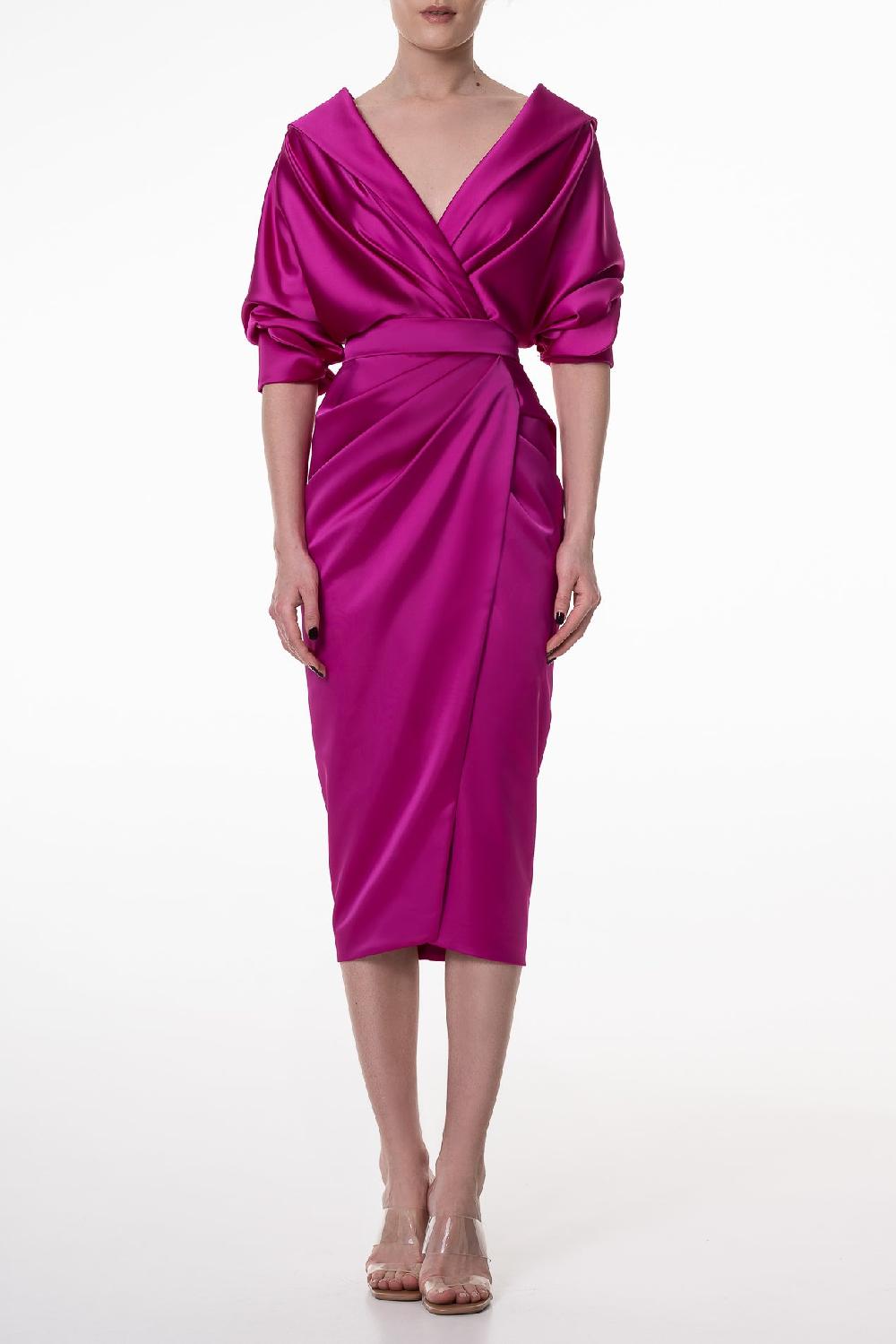 rhea costa Angelina Satin Midi Dress in Fuchsia