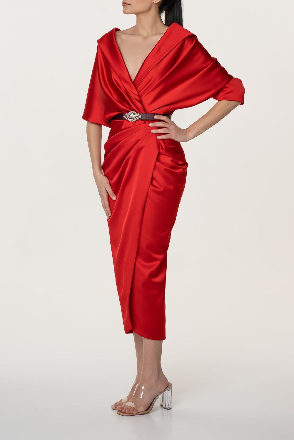 Rhea Costa Angelina Satin Midi Dress In Hot-Red