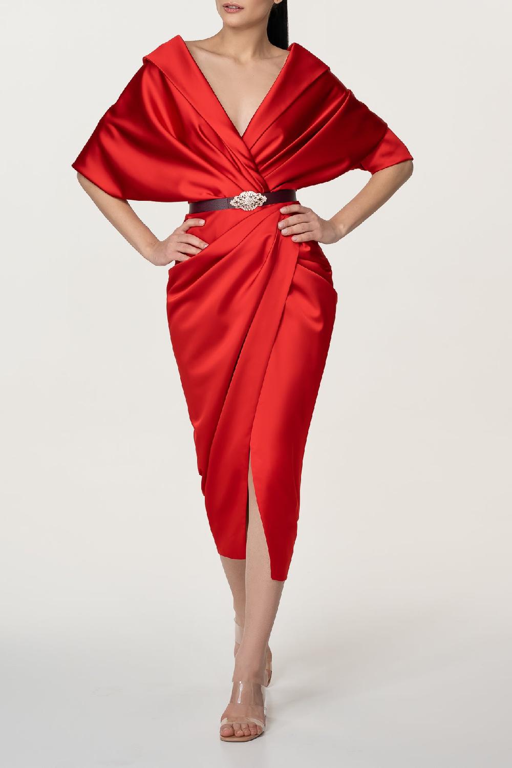 rhea costa Angelina Satin Midi Dress in Hot-Red