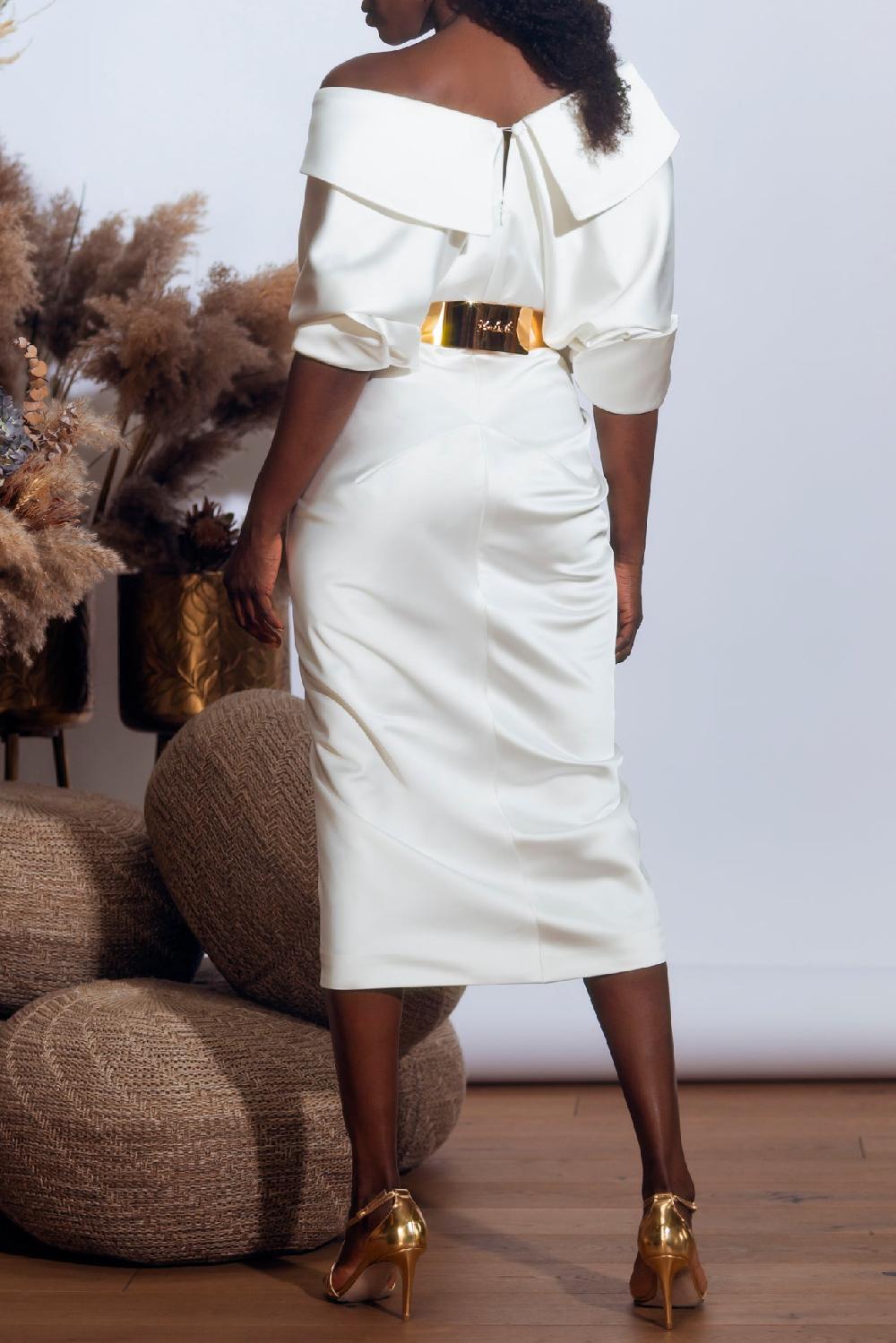 Rhea Costa Angelina Satin Midi Dress In Ivory