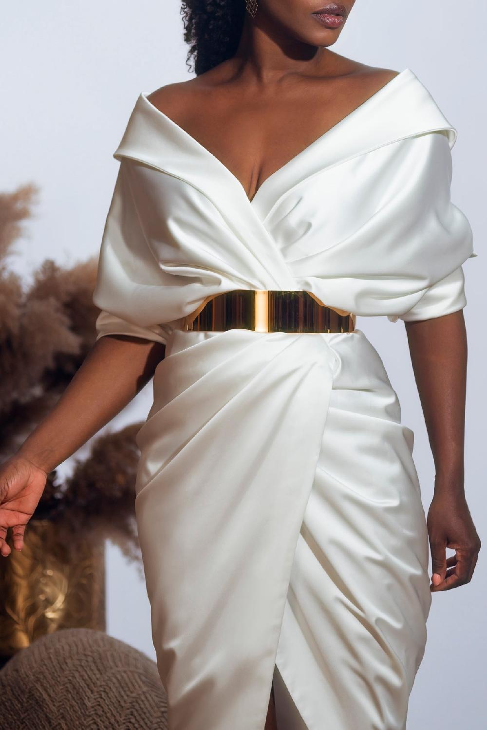 Rhea Costa Angelina Satin Midi Dress In Ivory