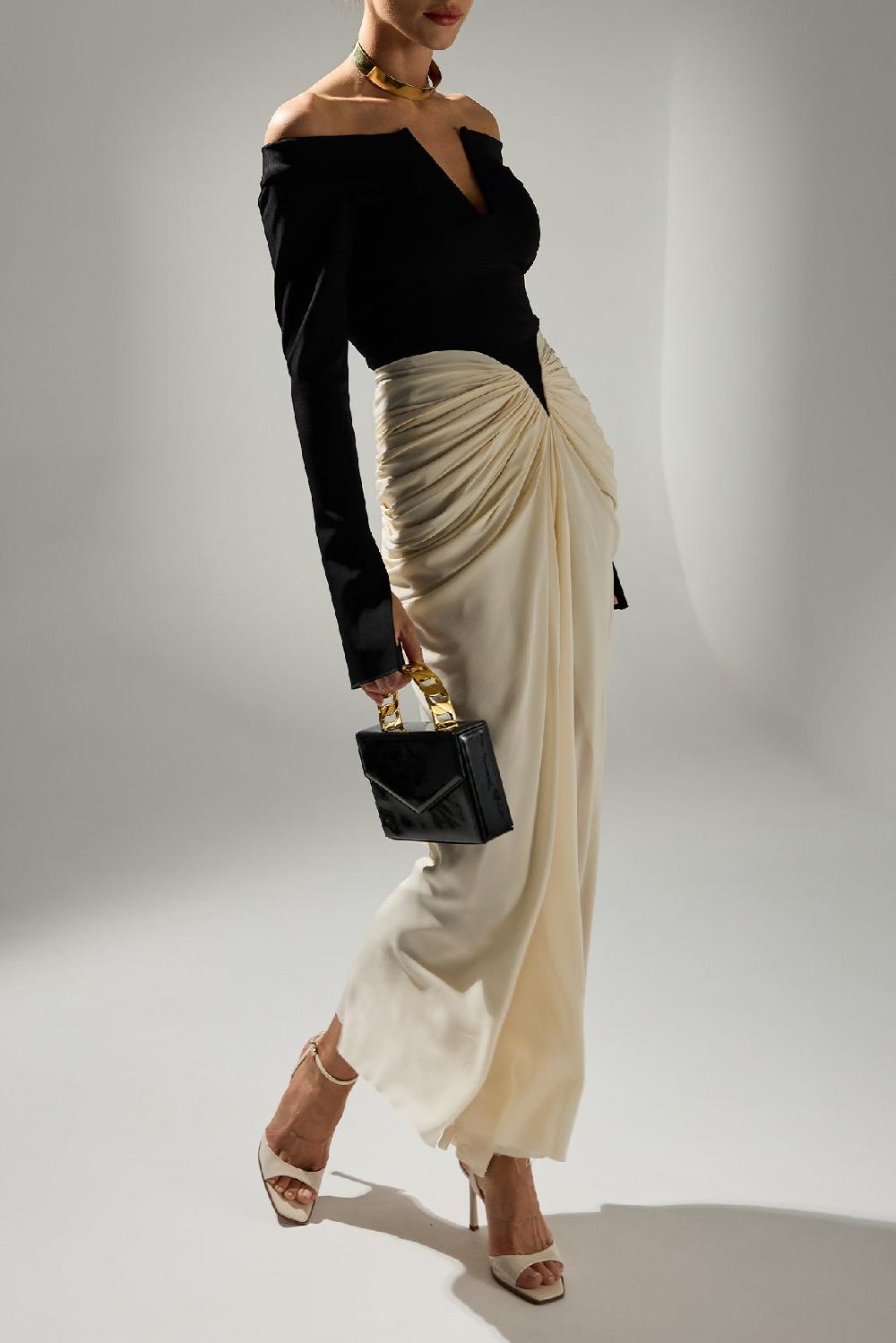 rhea costa Anita Ankle Length Dress In Cream-Black