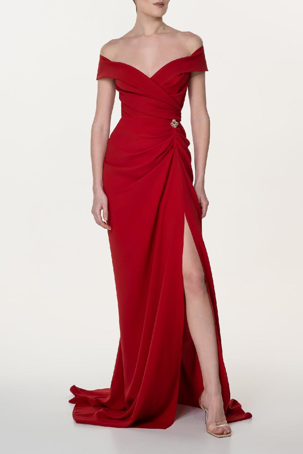Rhea Costa Athena Crepe Dress In Ruby-Red