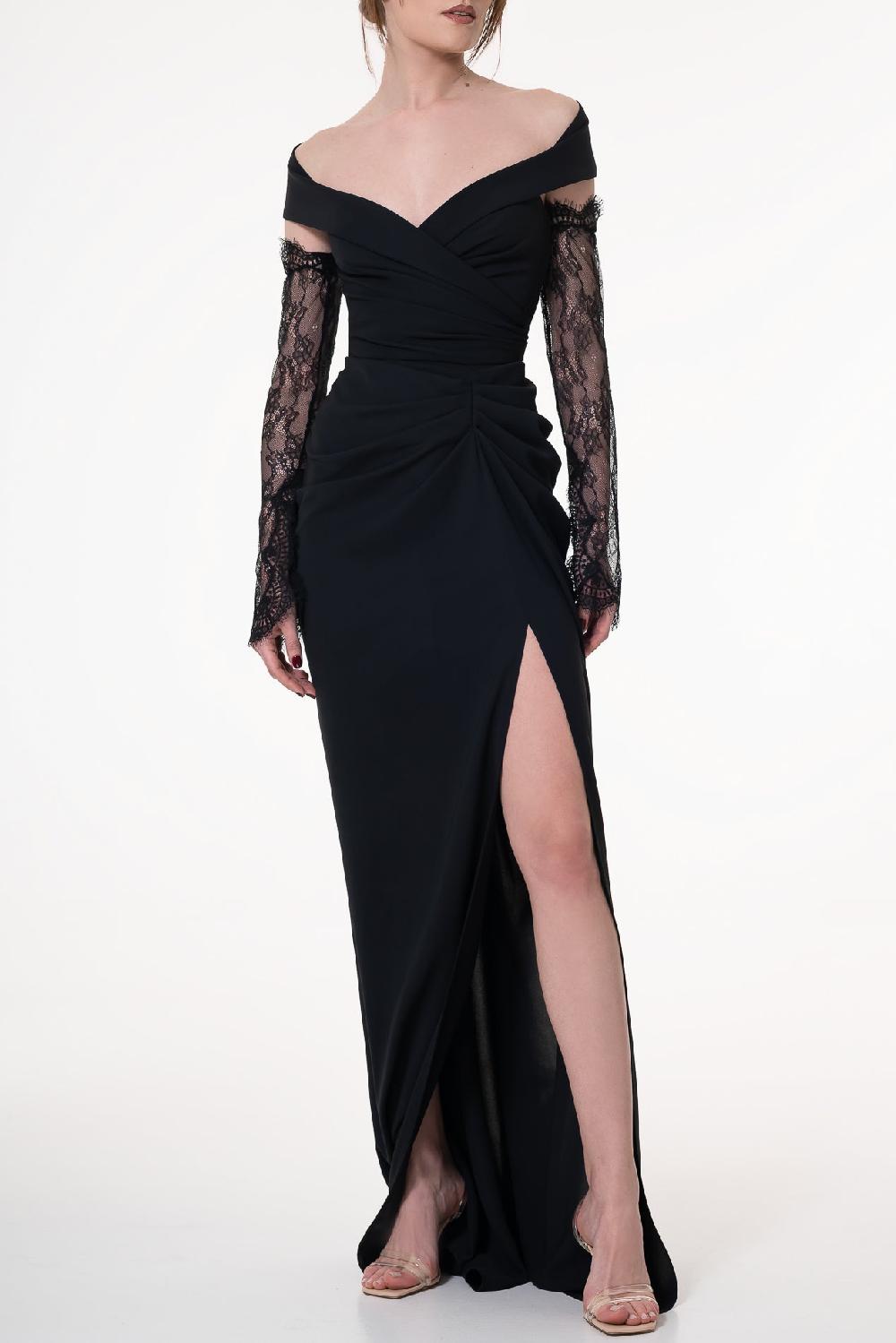 Rhea Costa Athena Crepe Long Dress In Black