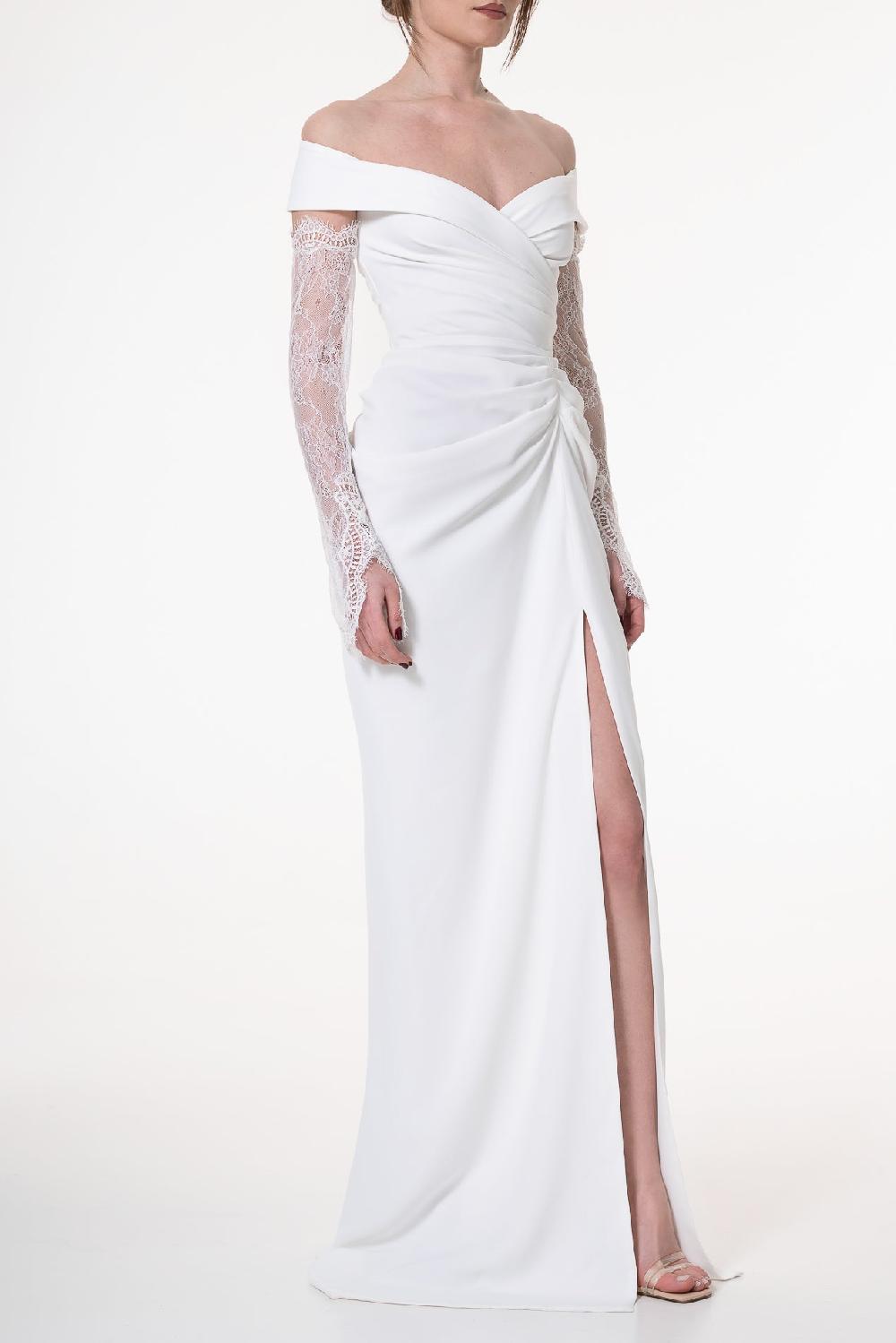 Rhea Costa Athena Crepe Long Dress In Ivory
