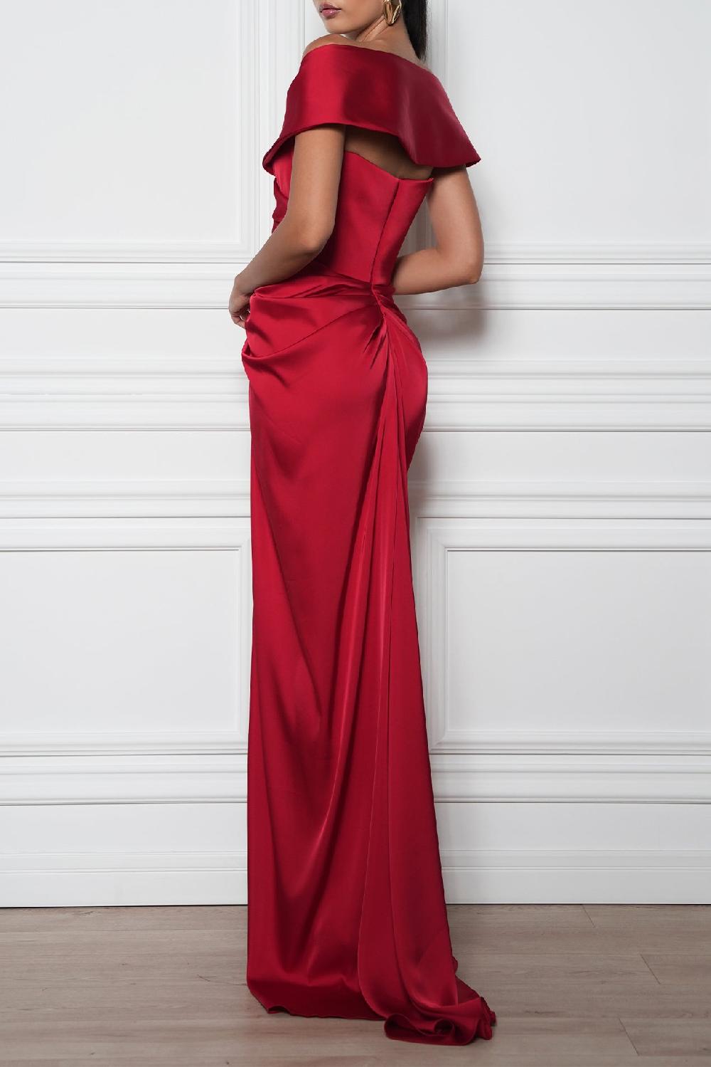 Rhea Costa Athena Satin Dress In True-Red