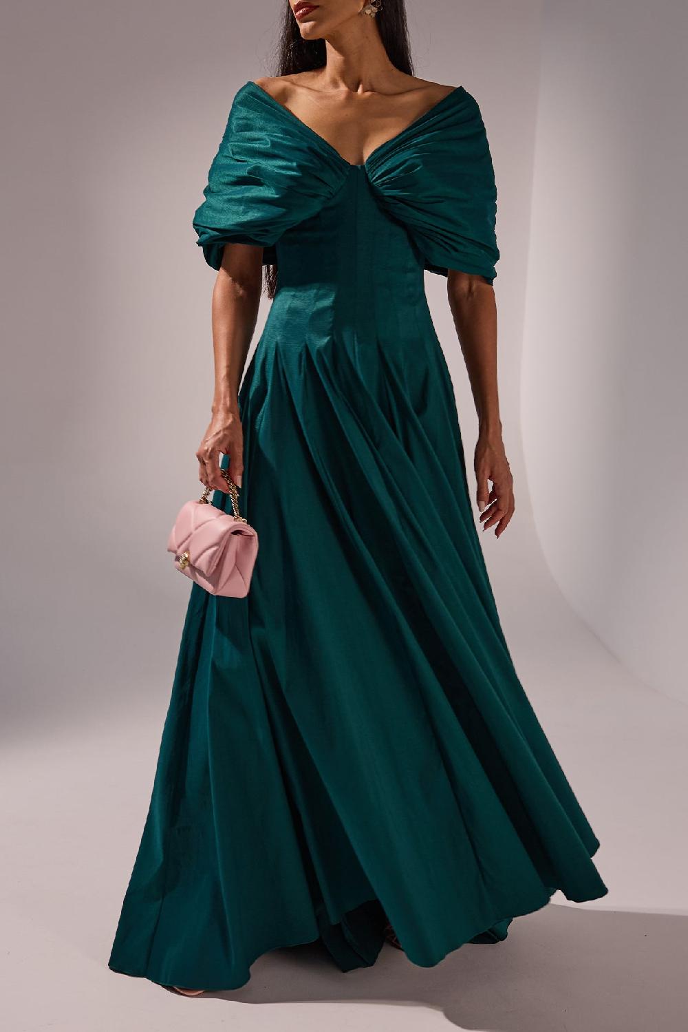 rhea costa Ava Gown In Forest-Green