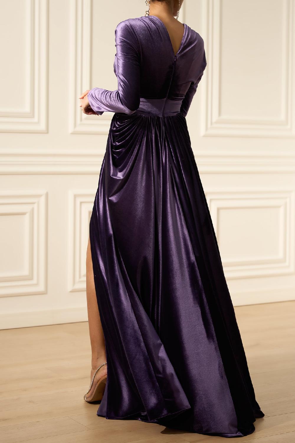 Rhea Costa Basma Velvet Long Dress In Dusty-Purple
