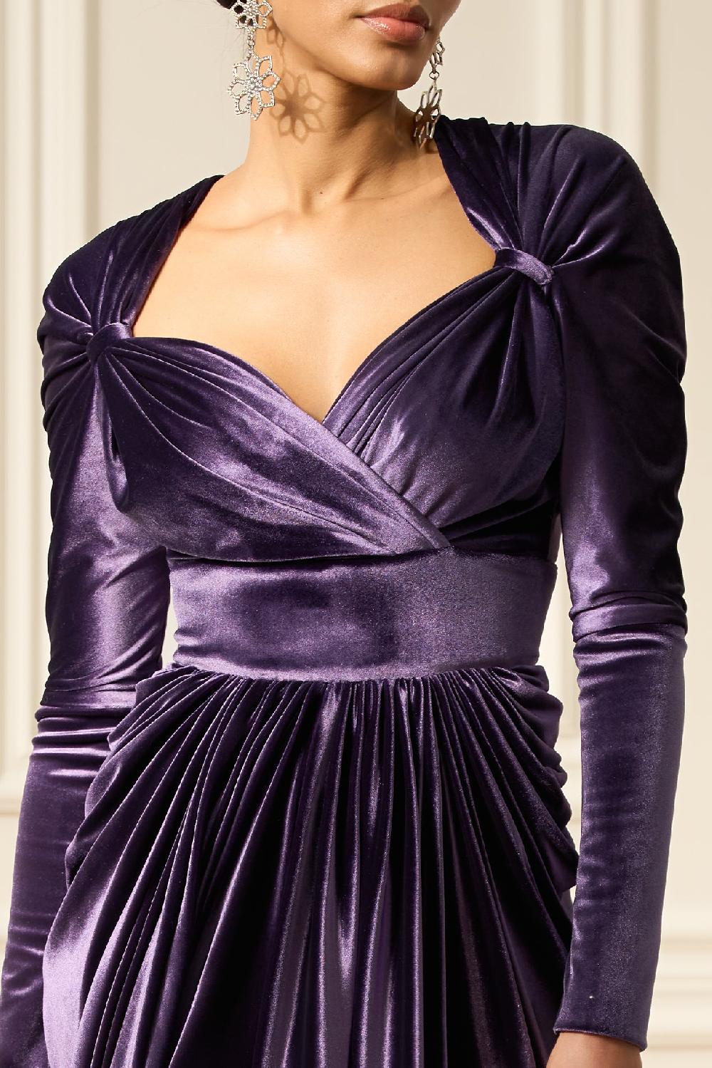 Rhea Costa Basma Velvet Long Dress In Dusty-Purple