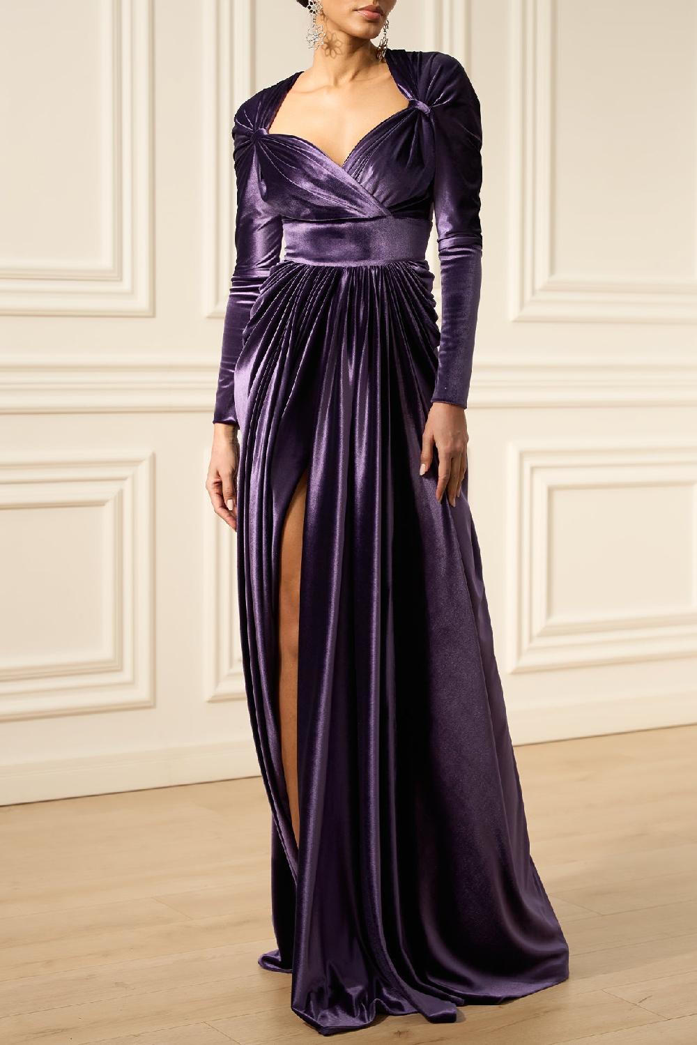 rhea costa Basma Velvet Long Dress In Dusty-Purple