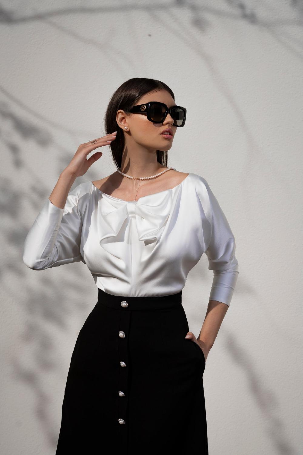 Rhea Costa Bow Satin Blouse In Ivory