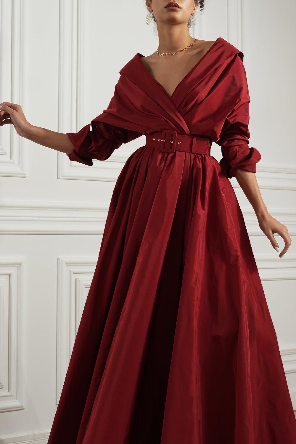 Rhea Costa Carrie Taffeta Long Dress In Carmine