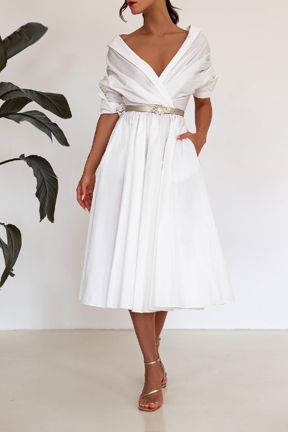 rhea costa Carrie Taffeta Midi Dress in Ivory