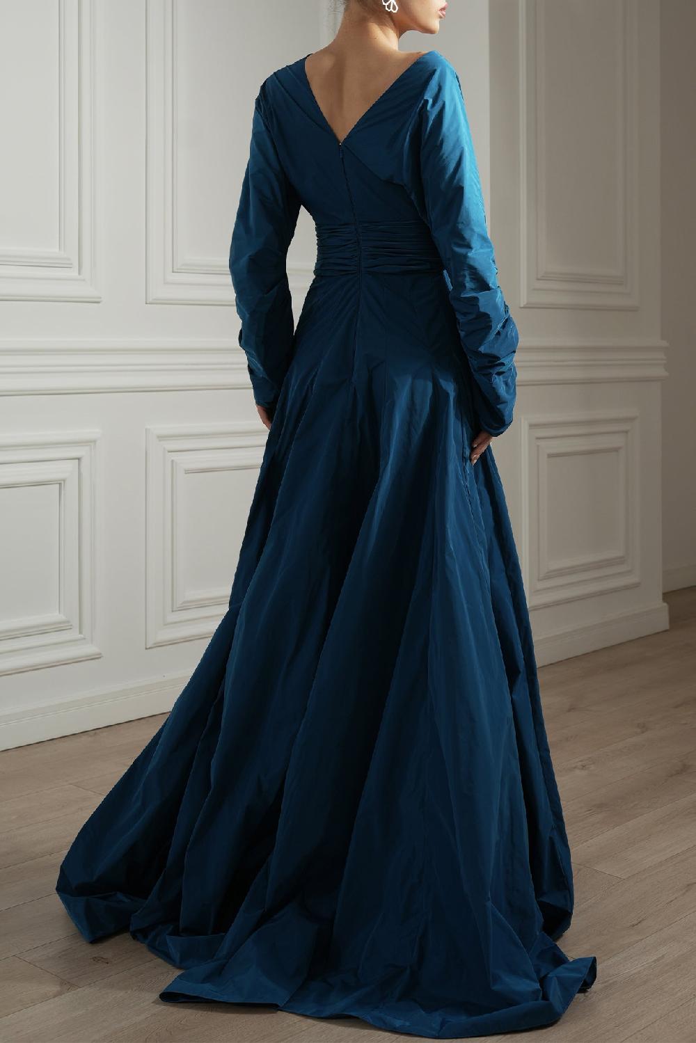Rhea Costa Celia Blue Taffeta Long Dress