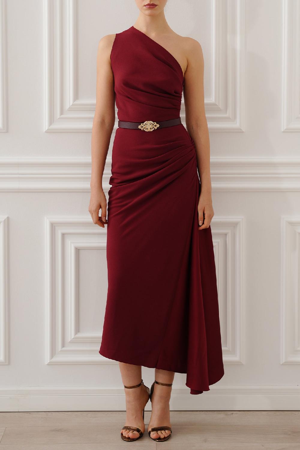 rhea costa Charlotte Midi Dress In Ruby Red